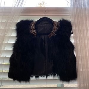 Black Rabbit Fur Vest with Gold Studs